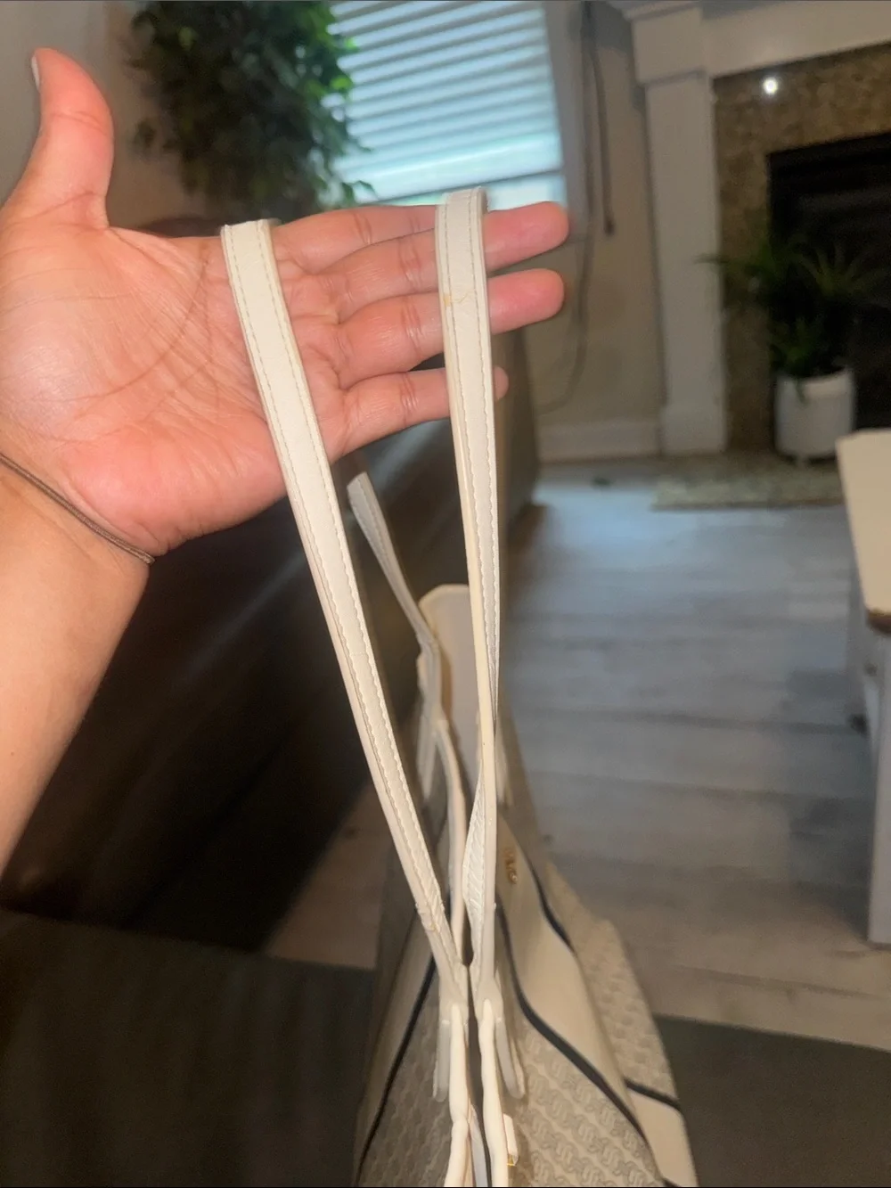 Tory Burch White and Navy Monogram Stripe Tote